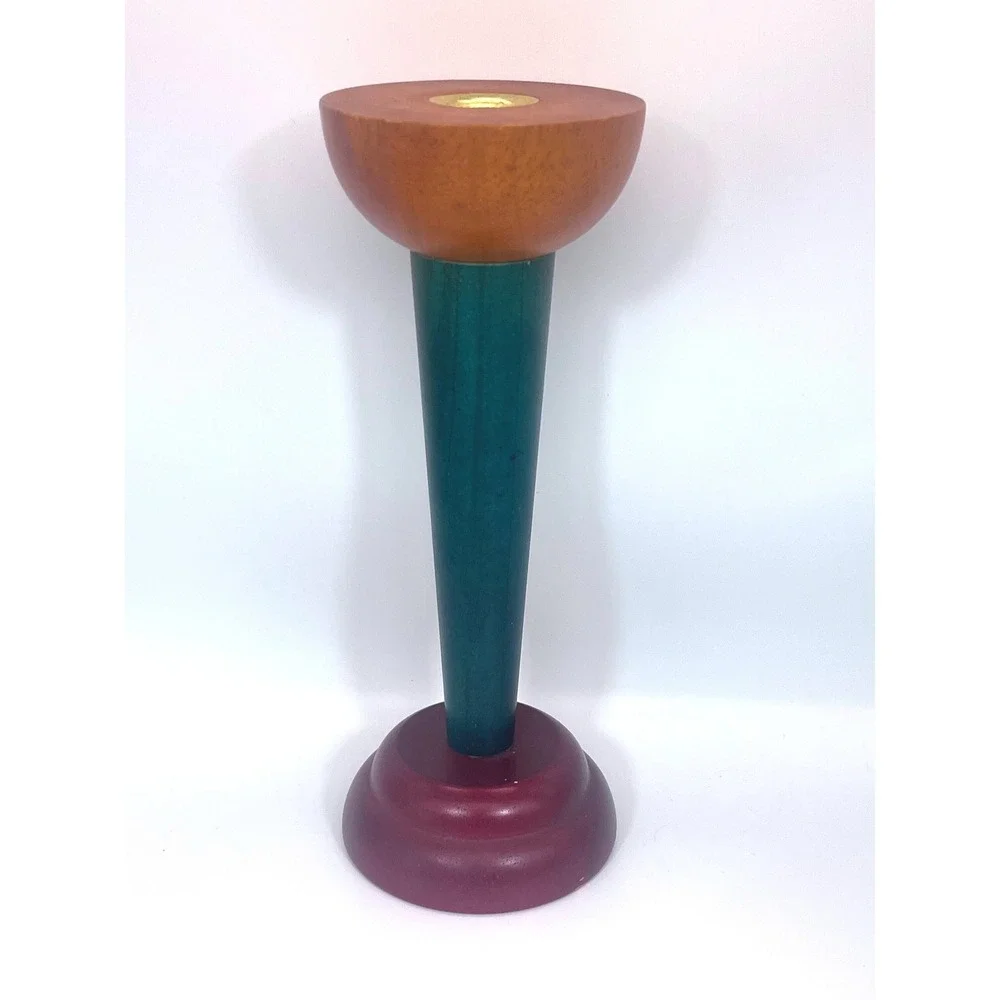 IKEA Monokel Vintage Candle Holder 1980s Post Modern Wood Brass Green Burgundy